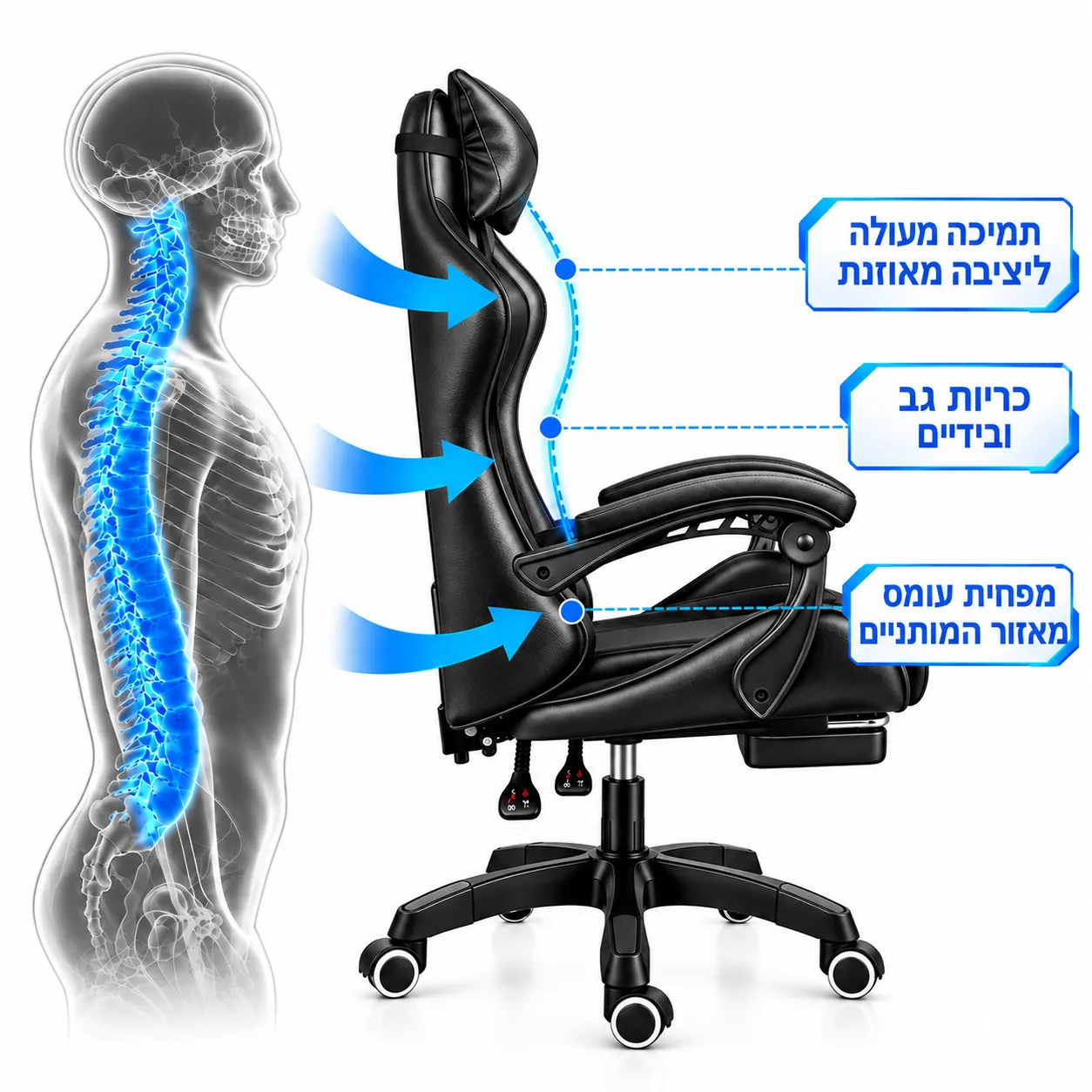 כסא גיימינג עם הדום נשלף דגם PRO14 צבע שחור מתצוגה ועודפים