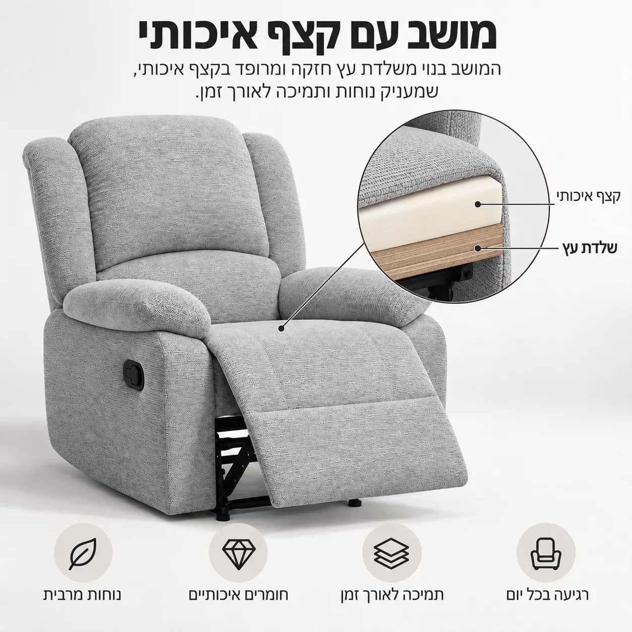 כורסת טלוויזיה ריקליינר דגם COMFORT צבע בז' מתצוגה ועודפים