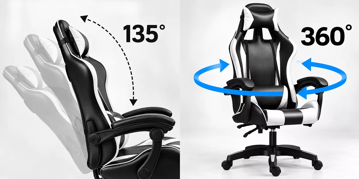 כסא גיימינג איכותי NINJA EXREME דגם PRO4 עם גב גבוה בצבע שחור ולבן מתצוגה ועודפים